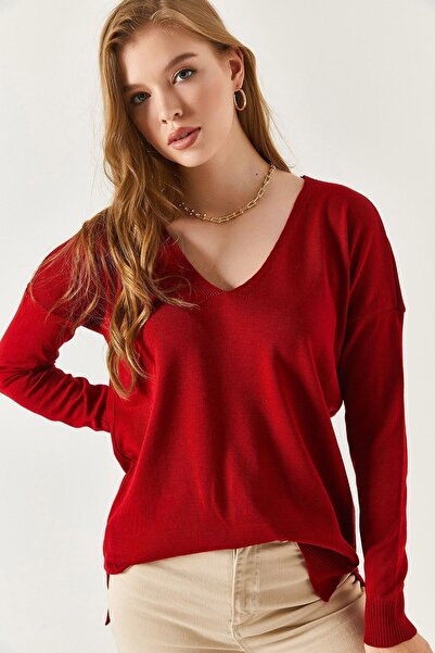 armonika Women's Burgundy V-Neck Front Short Rear Long Knitwear Sweater Arm-22Y012013