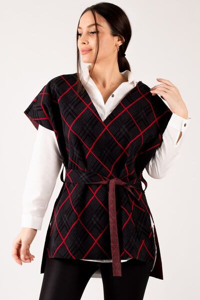 armonika Pulover de damă cu cravată roșie, cu decolteu în V, ARM-21K001069