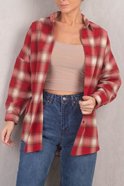 armonika Női vörös négyzet mintás Oversize hosszú alap ing ARM-22Y001144