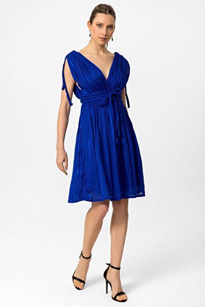 Deriderim Темно-синя сукня з декольте - з плетеним волоссям, підкладкою та еластичним поясом, коротка вечірня сукня