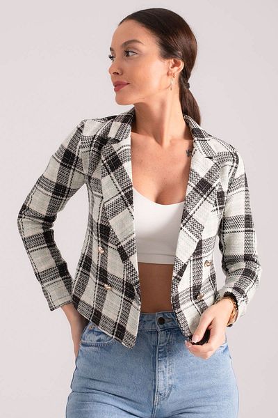 armonika Women's Light Mint Double Breasted Collar Tweed Crop Jacket ARM-24K001014