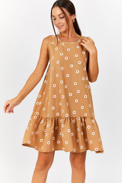armonika Damenkleid mit ärmellosem Rock und Rüschen in Beige mit Gänseblümchenmuster ARM-22Y001123