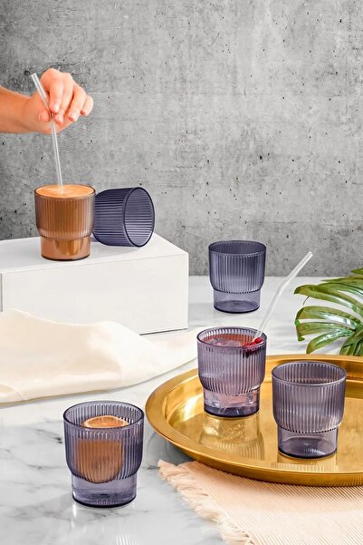 BOSSİO 6 Pieces 300 ml Mica Stylish Design Cup and Soft Drink Water Glass - Smoked