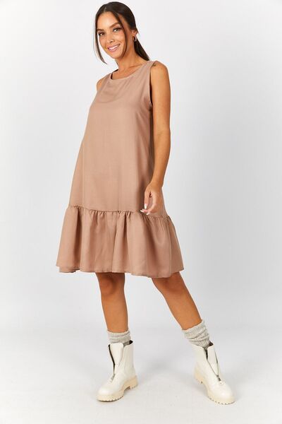 armonika Γυναικείο ανοιχτό καφέ φόρεμα αμάνικη φούστα βολάν ARM-18Y001156