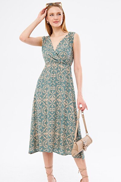 armonika Γυναικείο φόρεμα μίντι φούστα με πράσινη μέση ελαστική ώμου με διπλό γιακά μπράτσο-24y001052