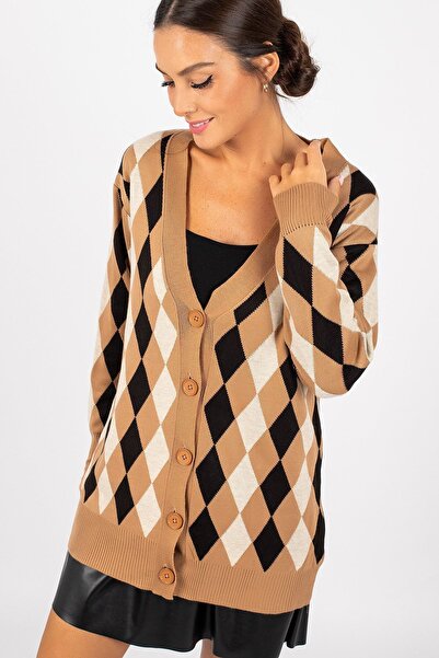 armonika Cardigan oversize cu nasturi cu model Baklava bej-gri pentru femei-2...