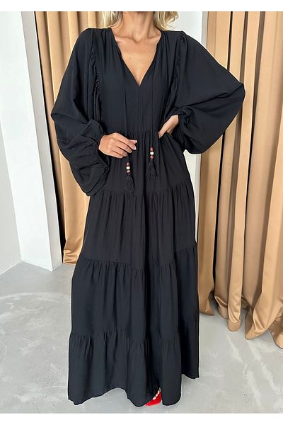 Laluvia Schwarzes Maxi-Bohemien-Kleid mit V-Ausschnitt und Ballonärmeln