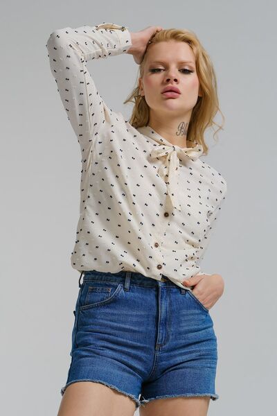 armonika Cămașă cu model cu guler ecru pentru damă ARM-22Y001183