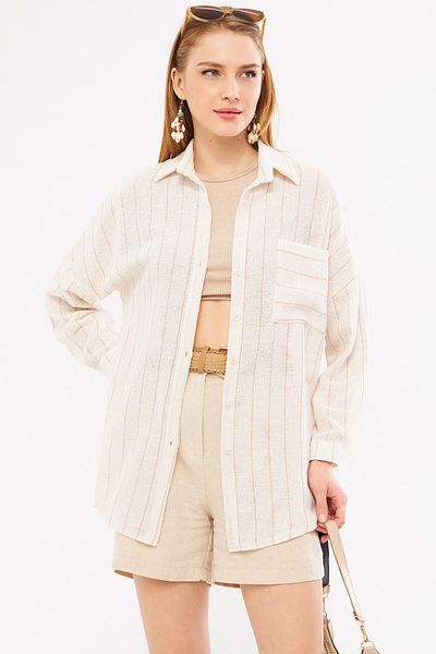 armonika Bézs színű női oversize ing - hosszú ujjú, zsebrészlet, ráncos hát, csíkos ARM-24Y001053