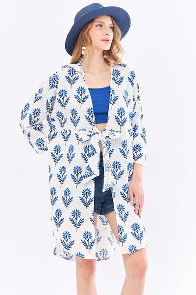 armonika Cămașă kimono din in, colorată, cu model Saks - Mărime Midi, cravată în față ARM-24Y001096