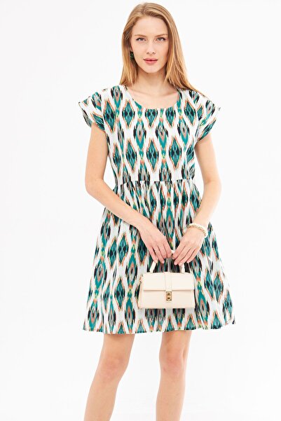 armonika Γυναικείο Μίνι Φόρεμα με Πράσινο Ethnic Print - Πλισέ μέση ARM-24Y 0...