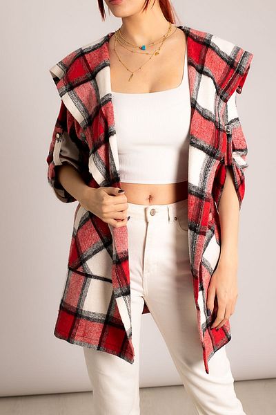 armonika Women's Red-white Plaid Casual Jacket with Pockets Arm-22y001160