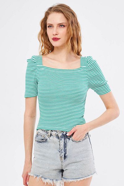 armonika Bluză cu dungi pentru femei, verde, față, spate, cu gât pătrat, cu mânecă pepene verde ARM-24Y133009