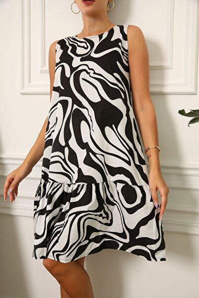 armonika Women's Black Patterned Sleeveless Dress with Frilly Skirt ARM-23Y001052