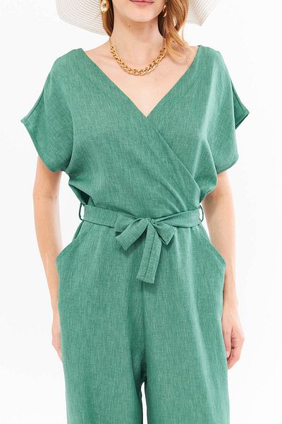 armonika Green V Detailed Double Breasted Jumpsuit - Wide Leg with Pockets and Belted ARM-24Y001073