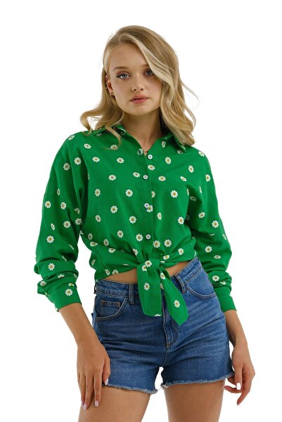 armonika Kadın Yeşil Önden Bağlamalı Uzun Kol Gömlek Arm-23y001089