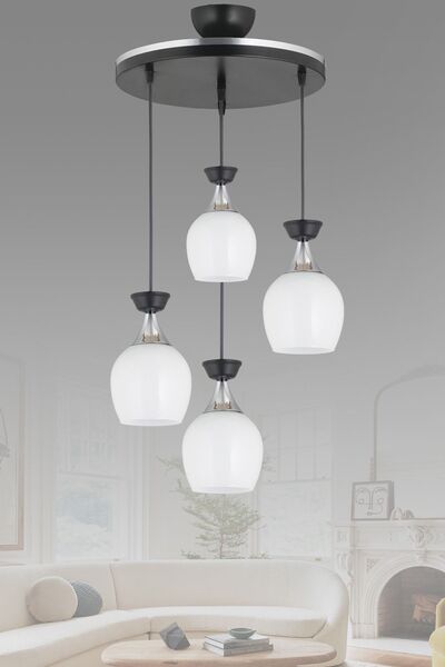 Kraliçe Sarkıt Tepsi 4'lü Siyah Fanus BeyazCamlı Krom Şeritli  Modern Avize