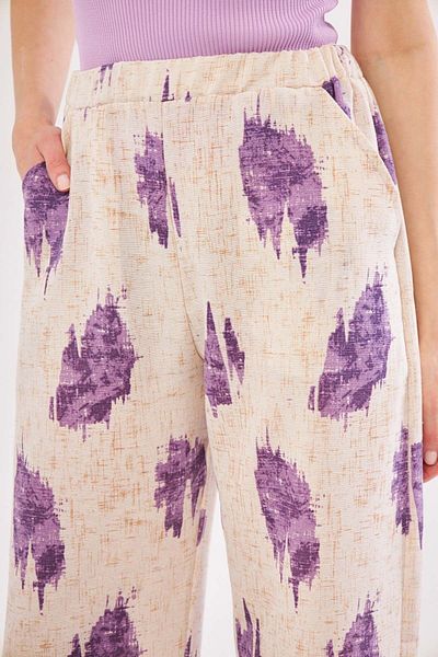 armonika Women's Purple Ena Trousers with Elastic Waist and Pocket Detail Linen Look Wide Leg ARM-24Y001021