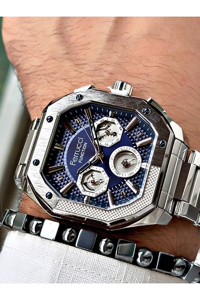 Ferrucci men's Silver Color Square Function Steel Cord Wrist Watch and Gift Bracelet