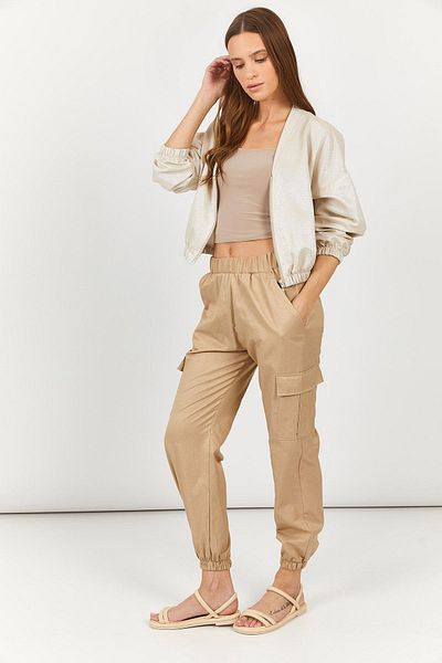 armonika Damen-Cargohose mit elastischem Bund und Beinen in Beige, Arm-23y001068