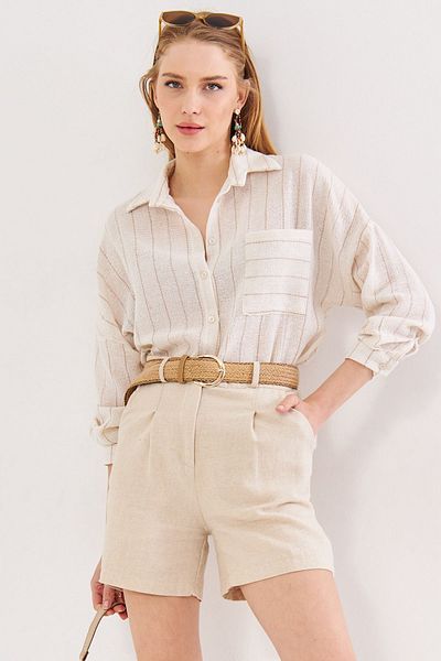 armonika Bézs színű női oversize ing - hosszú ujjú, zsebrészlet, ráncos hát, csíkos ARM-24Y001053