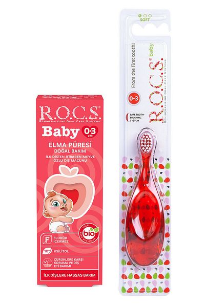 R.O.C.S. مجموعة معجون أسنان روكس للأطفال من عمر 0 إلى 3 سنوات بتطريز التفاح الأحمر و45 جرام