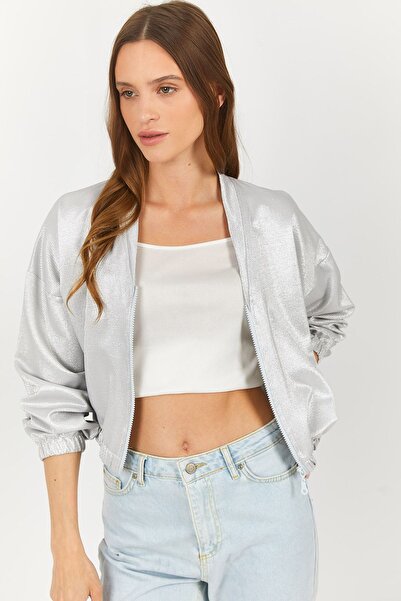 armonika Ženska siva bomber jakna sa V-izrezom i elastičnim strukom