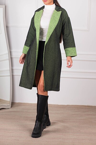 armonika Women's Pistachio Green Belted Waist Two-Color Long Cuff Coat ARM-24K001015