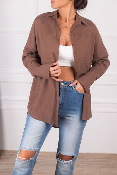 armonika Ženska smeđa široka košulja sa širokim manžetama od teksturiranog la...