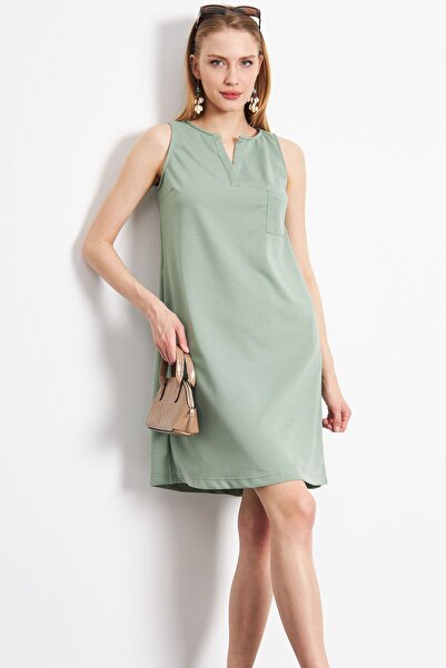 armonika Kadın Yeşil Cepli Midi Boy Elbise ARM-19Y001122