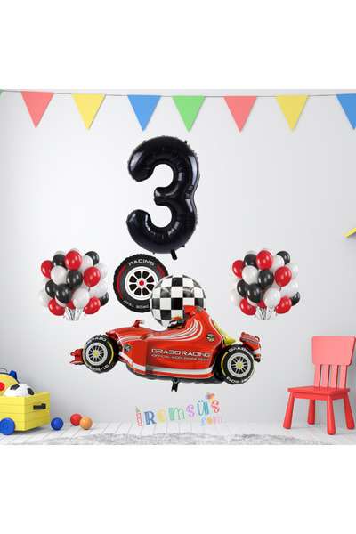 mypartyready 3 Yaş Doğum Günü Yarışcı Konsept Helyum Balon Süsleme Seti Yarış...