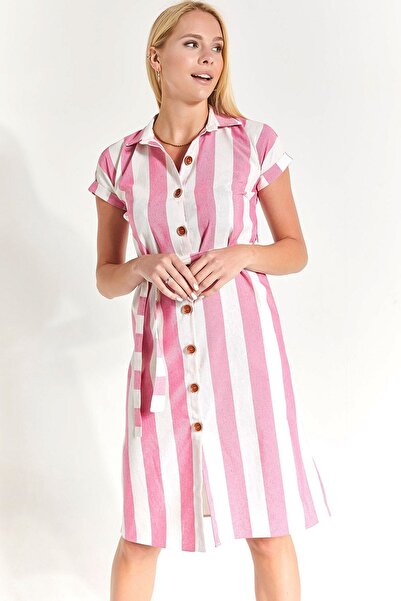 armonika Γυναικείο ροζ χοντρό ριγέ δέσιμο στη μέση κοντομάνικο φόρεμα