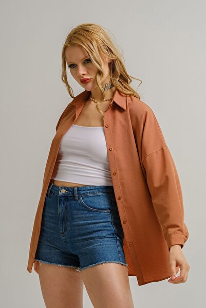 armonika Cămașă de bază lungă oversize maro deschis pentru femei Arm-22y001118