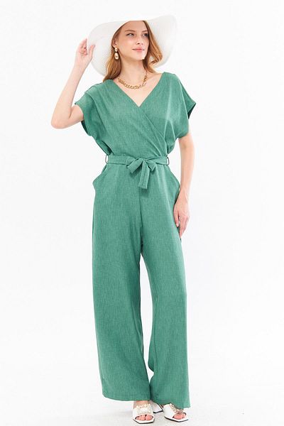 armonika Green V Detailed Double Breasted Jumpsuit - Wide Leg with Pockets and Belted ARM-24Y001073