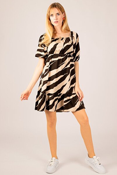 armonika Women's Brown Waist and Sleeve Elastic Skirt Frilly Backless Satin D...