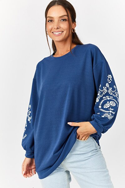 armonika Tunica pentru femei albastru închis cu gât rotund cu mâneci în relie...