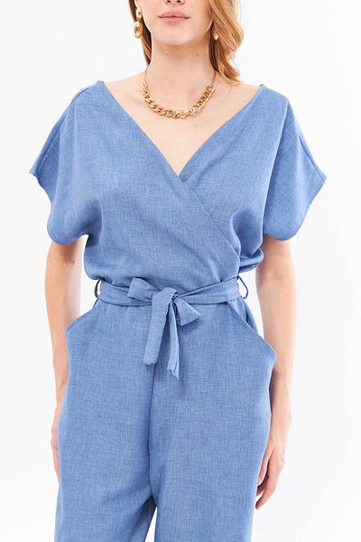 armonika Indigo Women's Jumpsuit - Double Breasted Collar, V Back Detail, Loose Leg with Pockets and Belted ARM-24Y001073