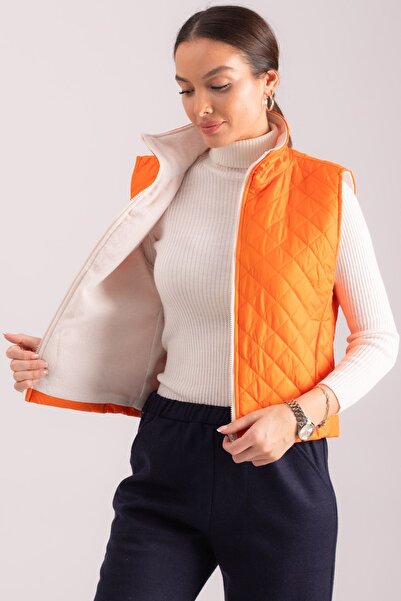 armonika Women's Orange Stamp Lined Zippered Quilted Vest with Pockets ARM-24K001063