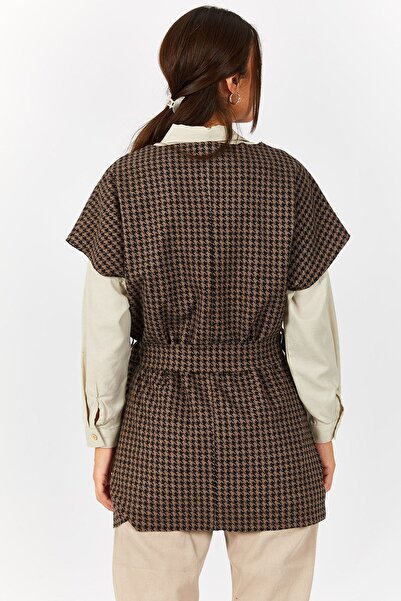 armonika Dámský svetr norkový malý, houndstooth vzor v pase s výstřihem do V ARM-21K001070