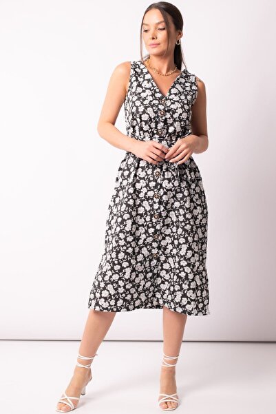 armonika Ženska crna haljina sa cvetnim uzorkom i remenčićima oko struka Na v...