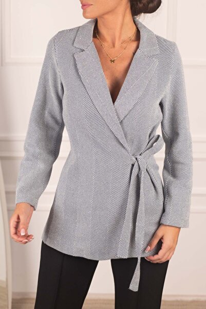 armonika Ženska tamnoplava jakna Vezivanje sa strane Herringbone Sa deznom Ka...