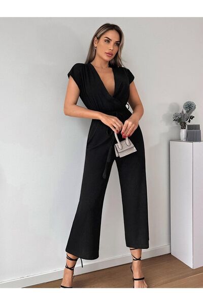 armonika Women's Black Double Breasted Jumpsuit with Belt Waist ARM-20Y042008