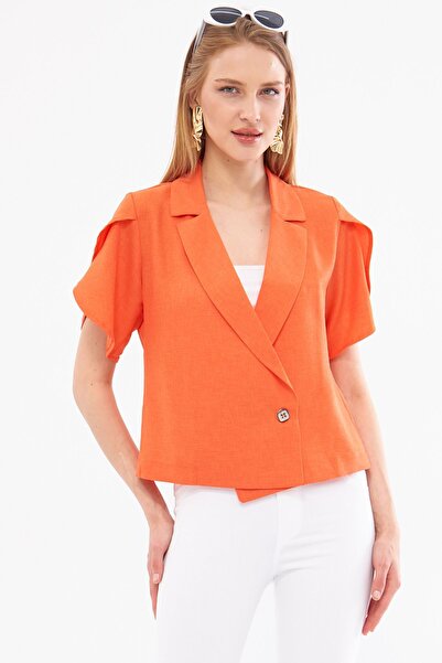 armonika Kadın Turuncu Kolu Yırtmaç Detaylı Crop Kısa Kol Ceket ARM-24Y001048