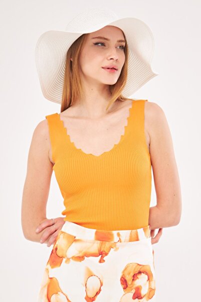 armonika Ženska narandžasta bluza sa zigzag V-izrezom Rebrasta pletenina Arm-...