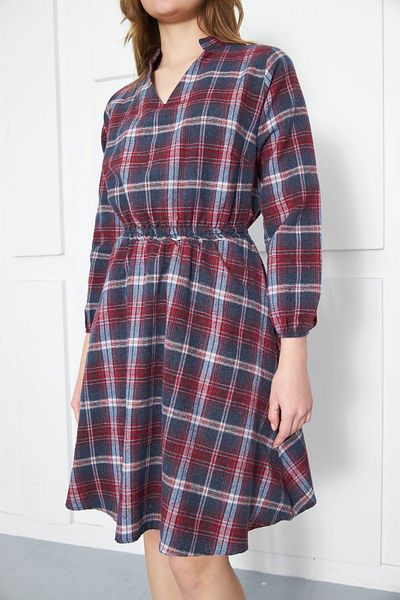 armonika Women's Dark Navy V-Neck Elastic Waist Plaid Pattern Flared Dress ARM-24K001041