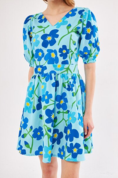 armonika Dámské Baby Blue Přední Zadní Výstřih Balónový Rukáv Pásek Detailní vzorované minišaty ARM-24Y001016