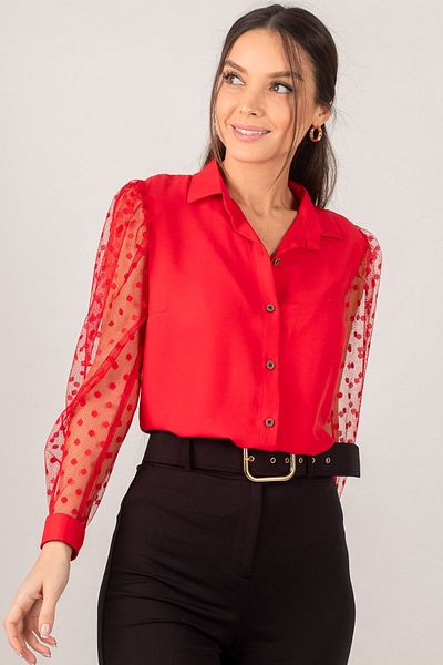 armonika Women's Red Sleeves Tulle Shirt Arm-20K001068
