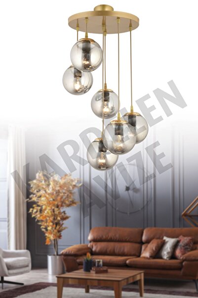 Kraliçe Sarkıt Tepsi Eskitme 6'lı Füme Glop Camlı Lüks Avize