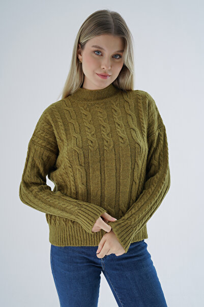 Trist Star سترة تريكو نصف صوفية كبيرة الحجم بلون زيتوني - TRIST-6158