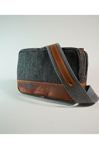 Ancient Leather Craft Hakiki Deri Ve Keten Kumaş El Yapımı Çapraz Çanta - Bel...